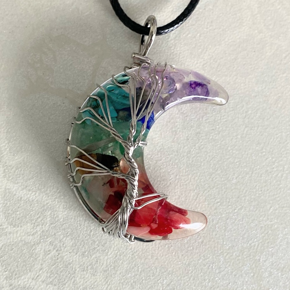 Multicolor Chakra Crescent Moon Tree of Life Pendant Necklace - Women Jewelry